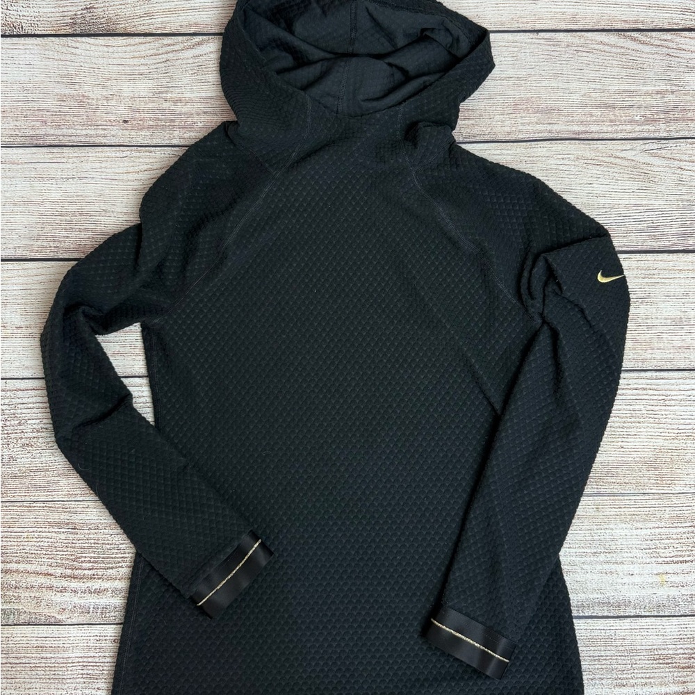 Nike Women’s Black Hooded Long-Sleeve Pullover with Gold Swoosh Small